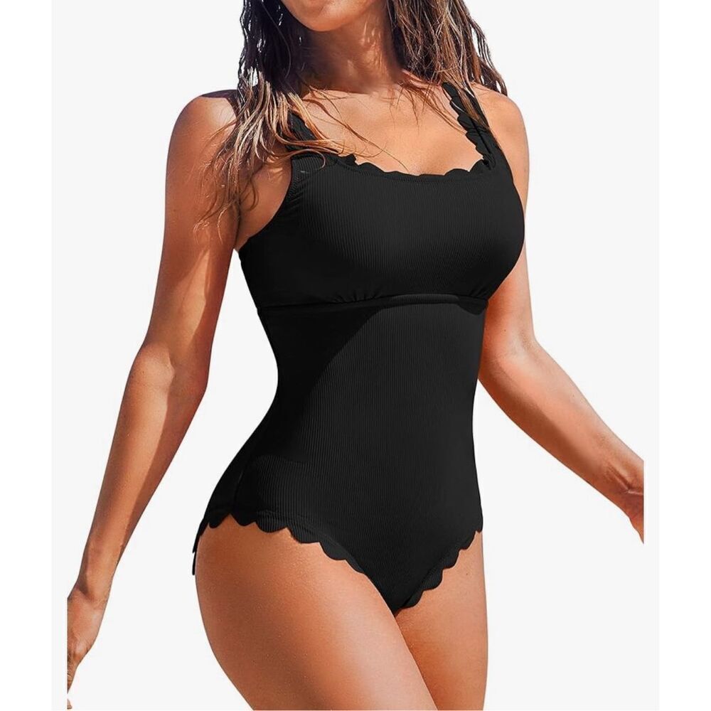 Elegant Black Scalloped One-Piece Swimsuit